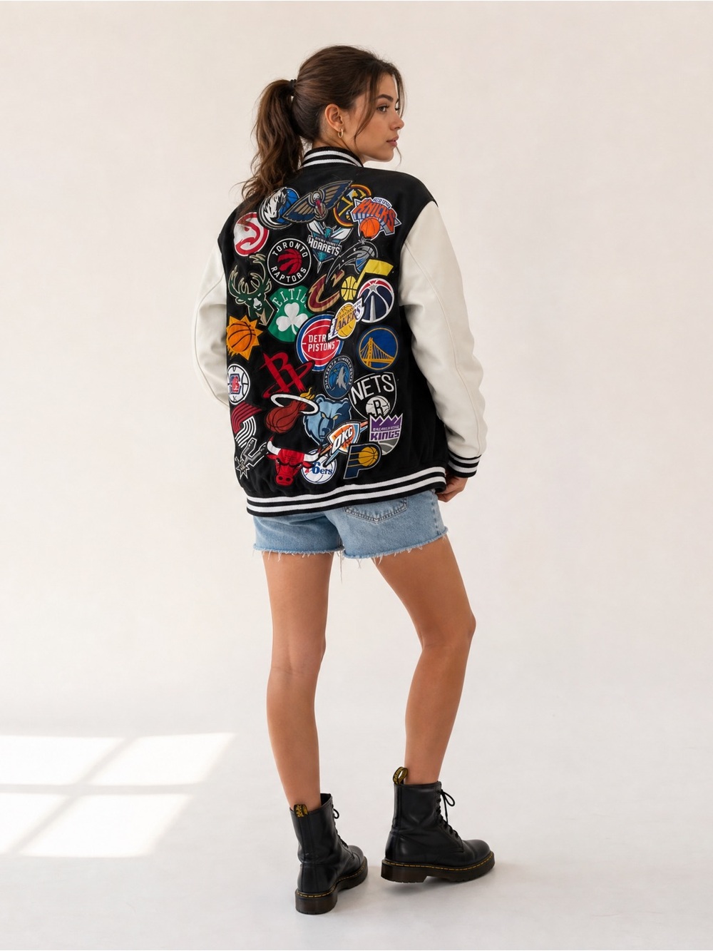 NBA Black & White Varsity Jacket with Red 'Basketball' Script